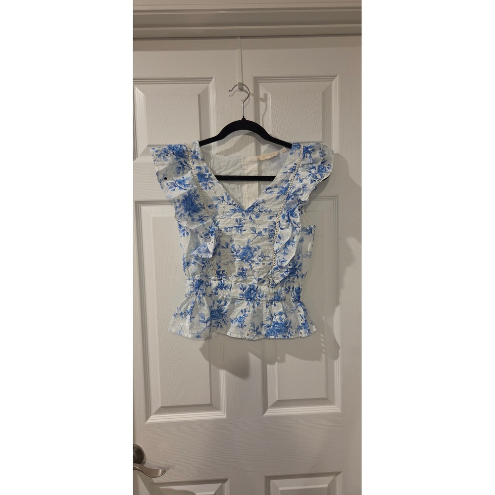 Anthropologie Forever That Girl Floral Ruffled Eyelet Blouse 2 Blue White
